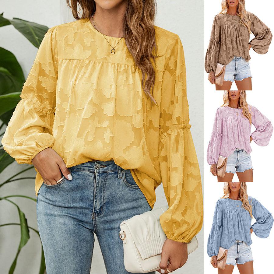 Chiffon Jacquard Floral Texture Lantern Sleeve Shirt - BUNNY BAZAR