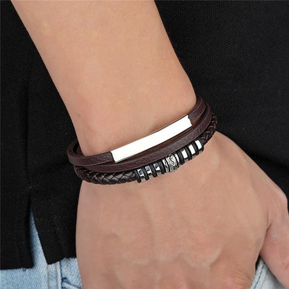 Stainless Steel Leather Bracelet Men Hand Woven - BUNNY BAZAR