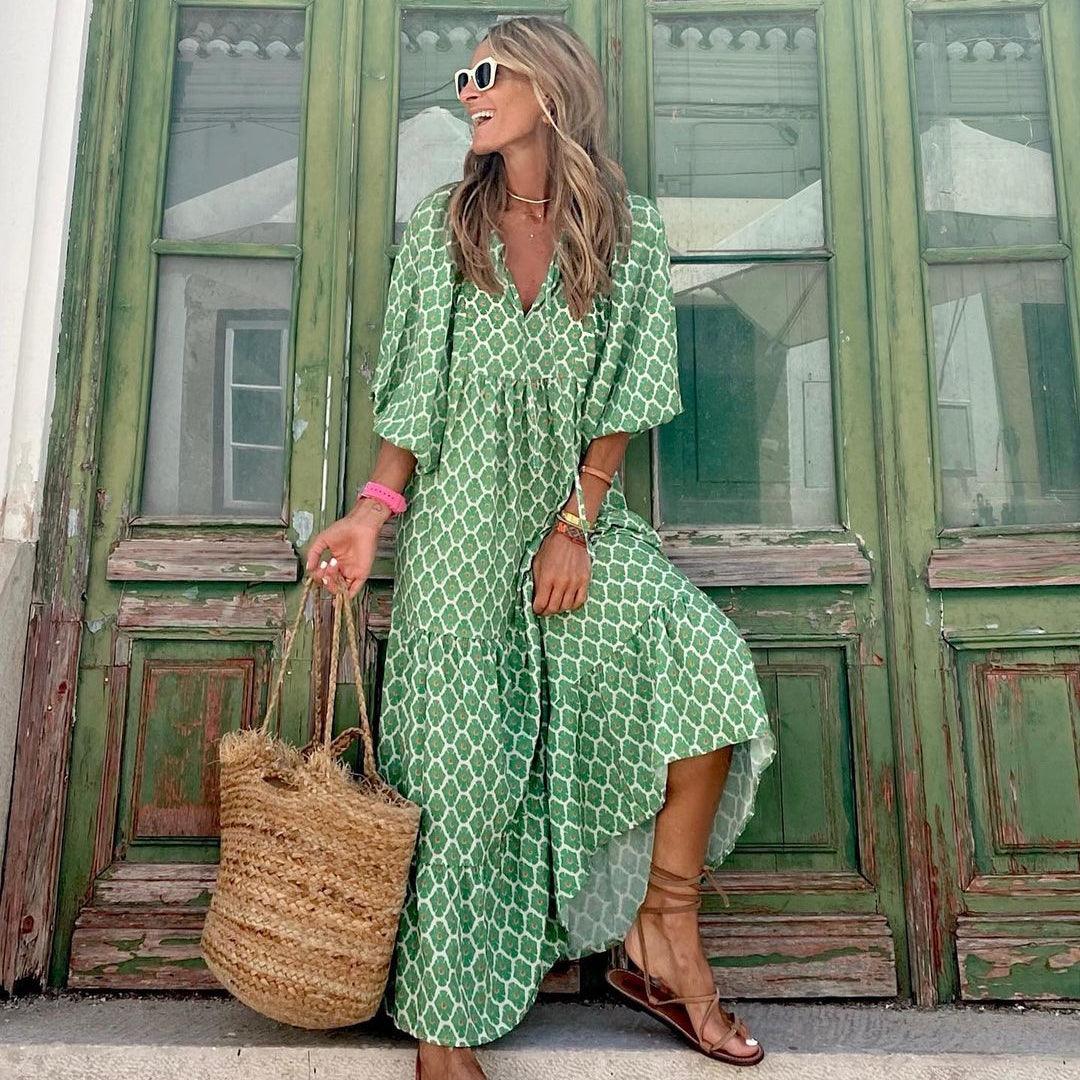 2022 Summer Women's Vintage Printed Bohemian Dress Elegant Ladies Casual Loose V-Neck Half Sleeve Maxi Dresses - BUNNY BAZAR