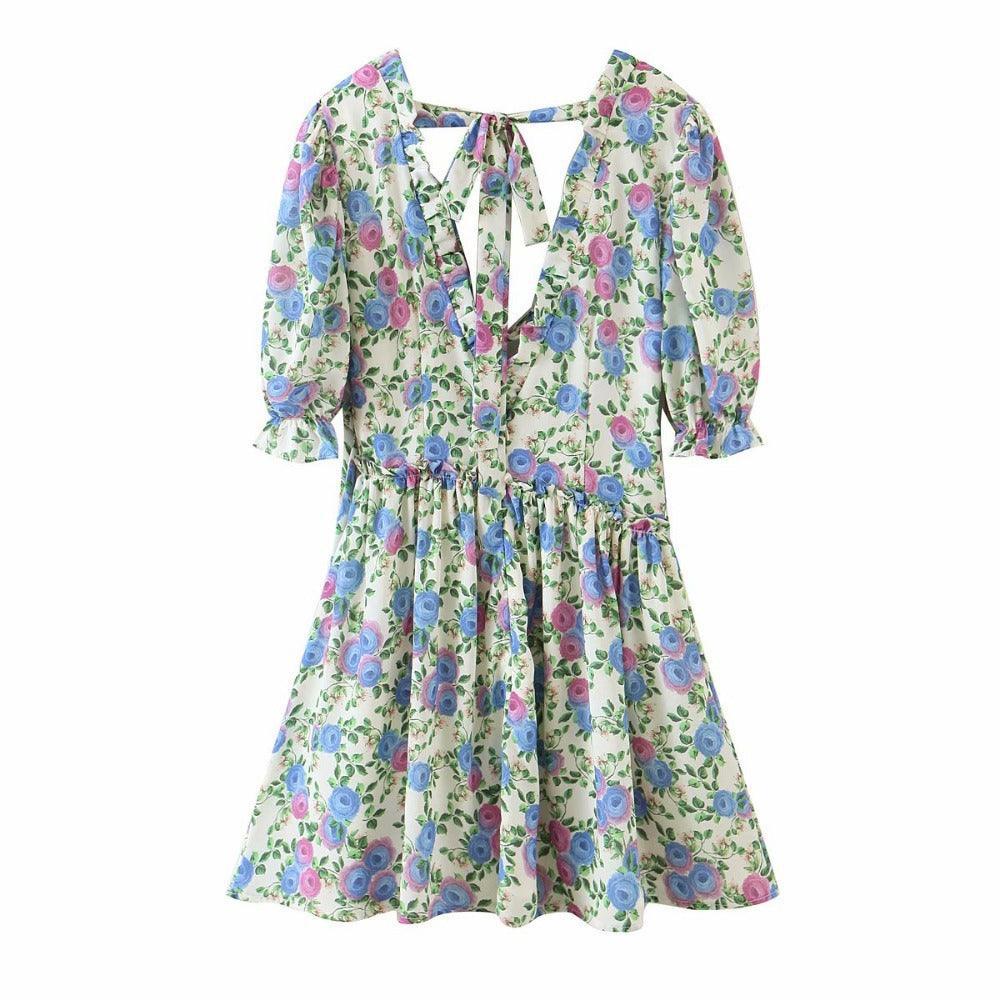 Women Summer Green Floral Chiffon Dresses Holiday Puff Short Sleeve V-Neck Back Lace Up Design Wrap One Piece Dress - BUNNY BAZAR