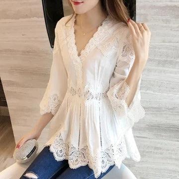 V-Neck Ruffled Lace Shirt Loose Babydoll Top Summer Shirt - BUNNY BAZAR