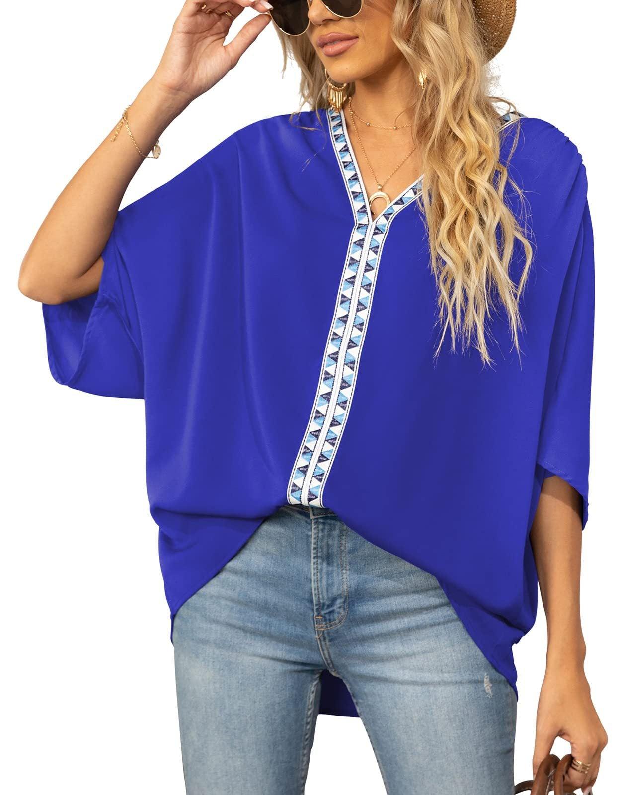 Summer Women's Bat Sleeve Chiffon V-neck Shirt - BUNNY BAZAR