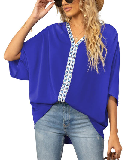 Summer Women's Bat Sleeve Chiffon V-neck Shirt - BUNNY BAZAR