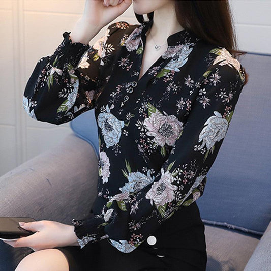 V-neck Floral Blouse Fashion Western Style Blouse - BUNNY BAZAR