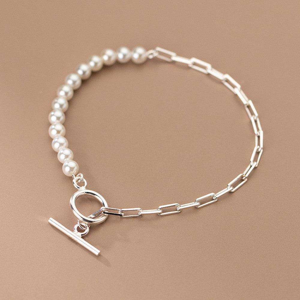 Silver Beads Synthetic Pearl Oval Cutout Bracelet - BUNNY BAZAR