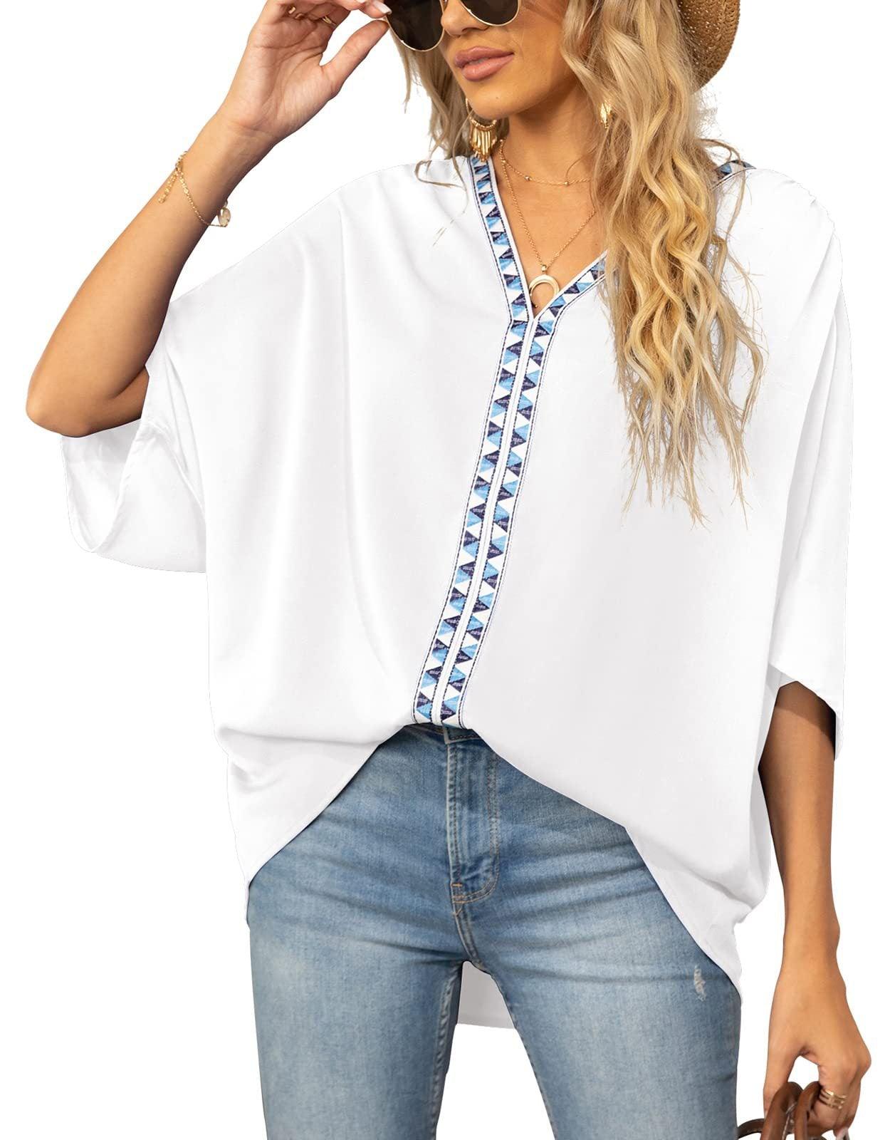 Summer Women's Bat Sleeve Chiffon V-neck Shirt - BUNNY BAZAR