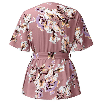 Women's Plus Size V-neck Short-sleeved Printed Waist-tied Loose Chiffon Top - BUNNY BAZAR