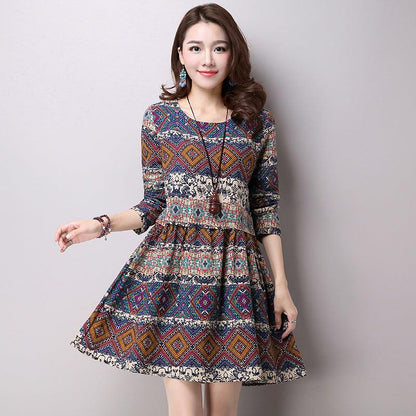 Ethnic style cotton and linen large size women's head geometric print long sleeve skirt dress - BUNNY BAZAR