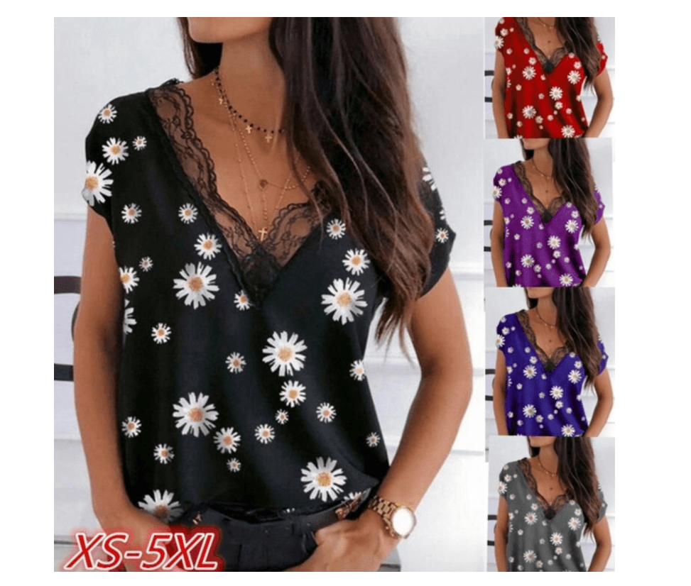 Lace V-neck Daisy Print Short Sleeves - BUNNY BAZAR