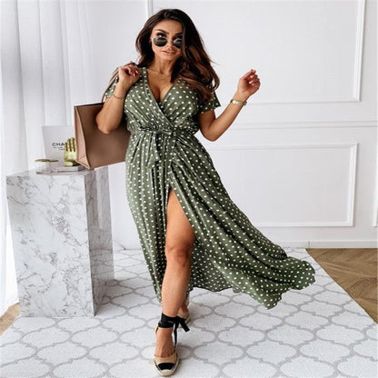 V-neck Bohemian Polka Dot Print Dress Long Skirt - BUNNY BAZAR