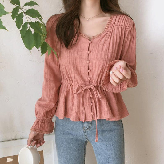 Loose And Sweet Solid Color Long-sleeved Waist Top - BUNNY BAZAR