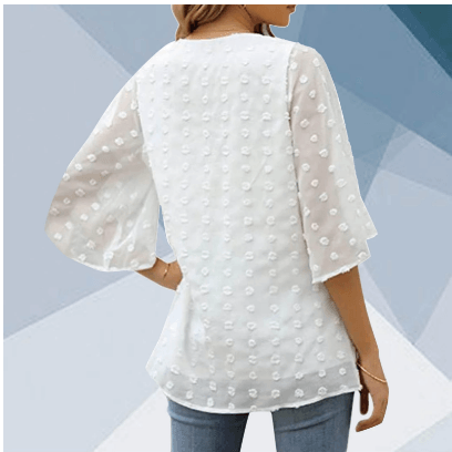 V-neck Three-quarter Sleeves Dotted Chiffon Shirt Blouse Women - BUNNY BAZAR