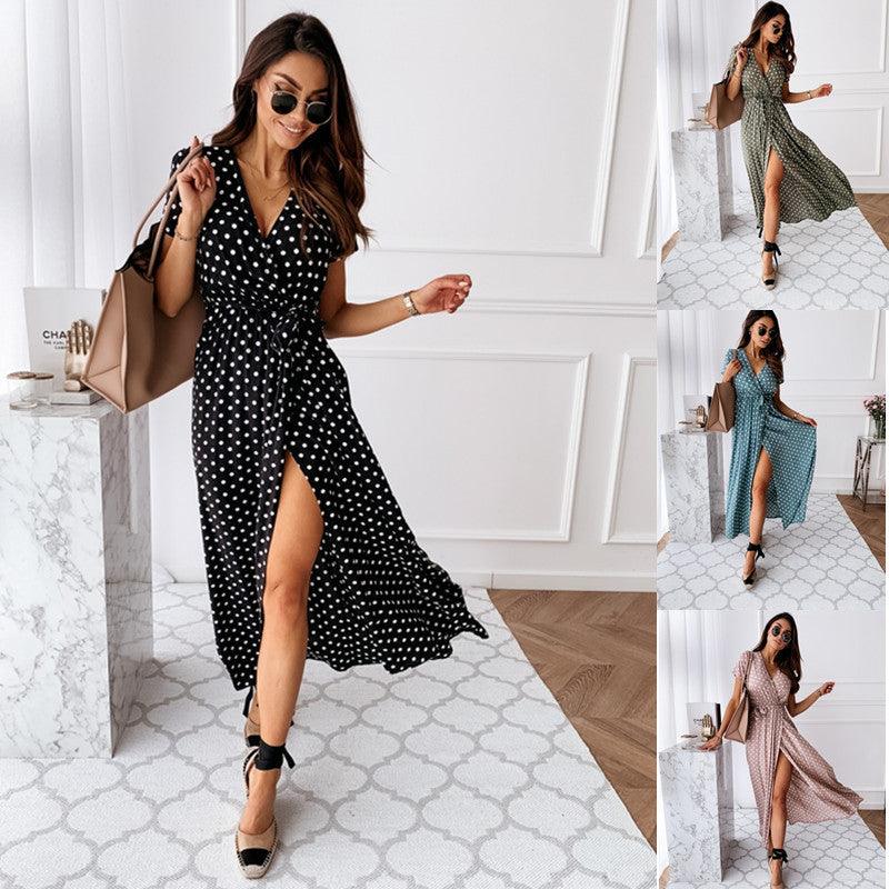 V-neck Bohemian Polka Dot Print Dress Long Skirt - BUNNY BAZAR