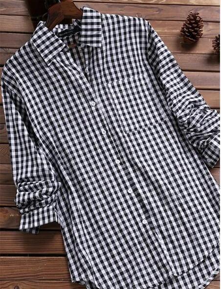 New Style Plaid Lapel Long-sleeved Retro Shirt Button - BUNNY BAZAR