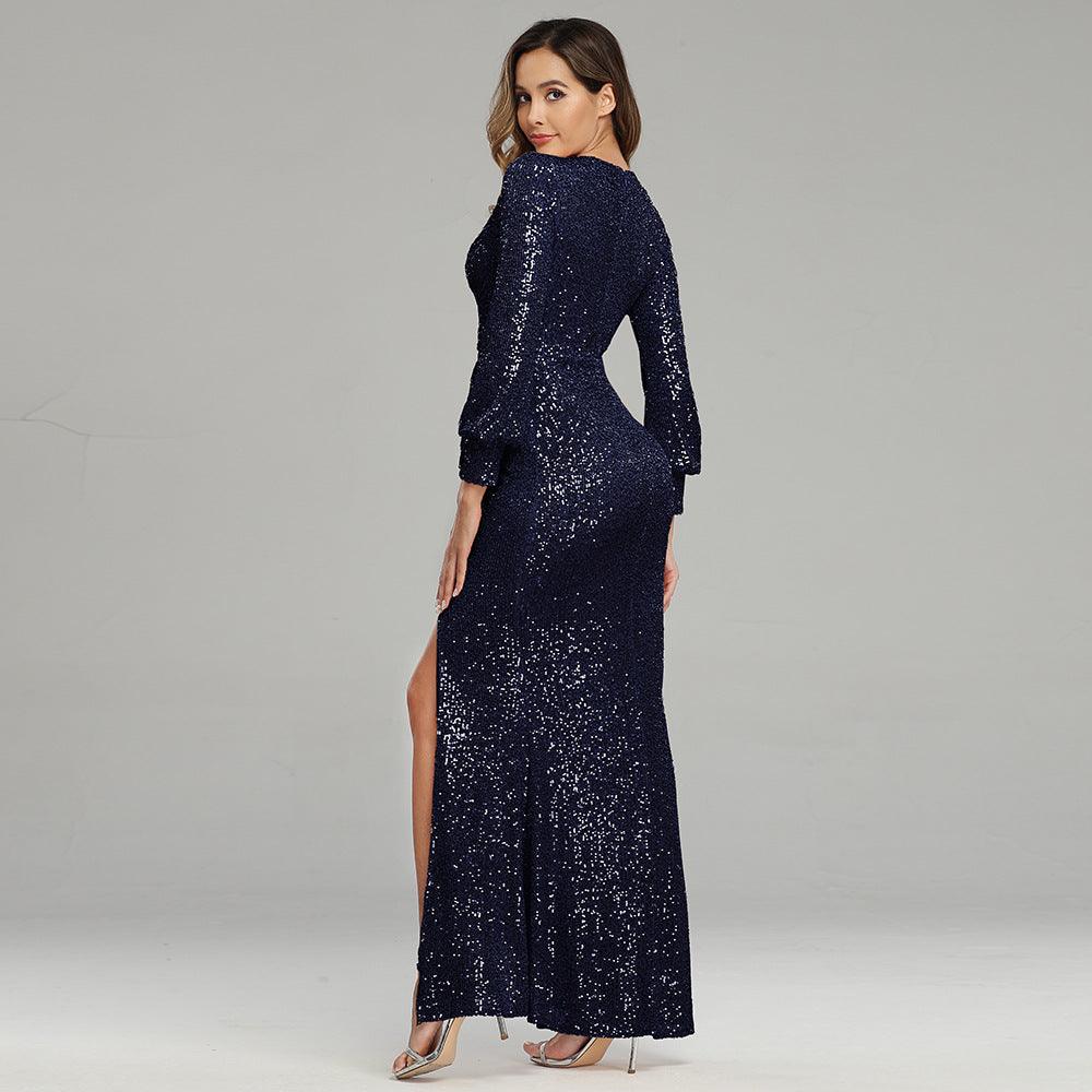 Fantasy Celebrity Sexy High Slit Long Sleeve Sequined Banquet Evening Dress Women - BUNNY BAZAR