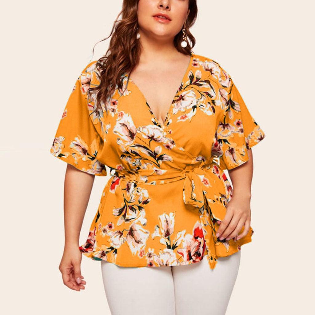 Women's Plus Size V-neck Short-sleeved Printed Waist-tied Loose Chiffon Top - BUNNY BAZAR