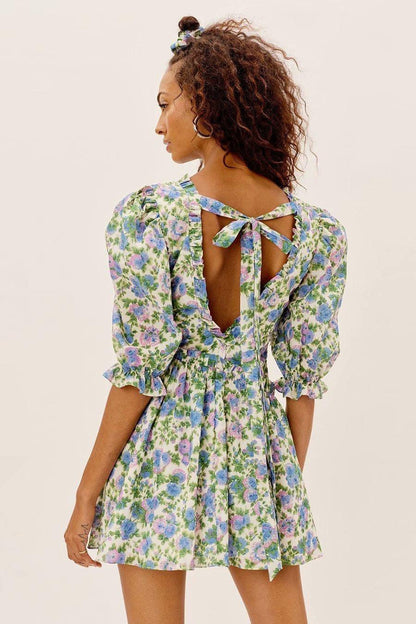 Women Summer Green Floral Chiffon Dresses Holiday Puff Short Sleeve V-Neck Back Lace Up Design Wrap One Piece Dress - BUNNY BAZAR