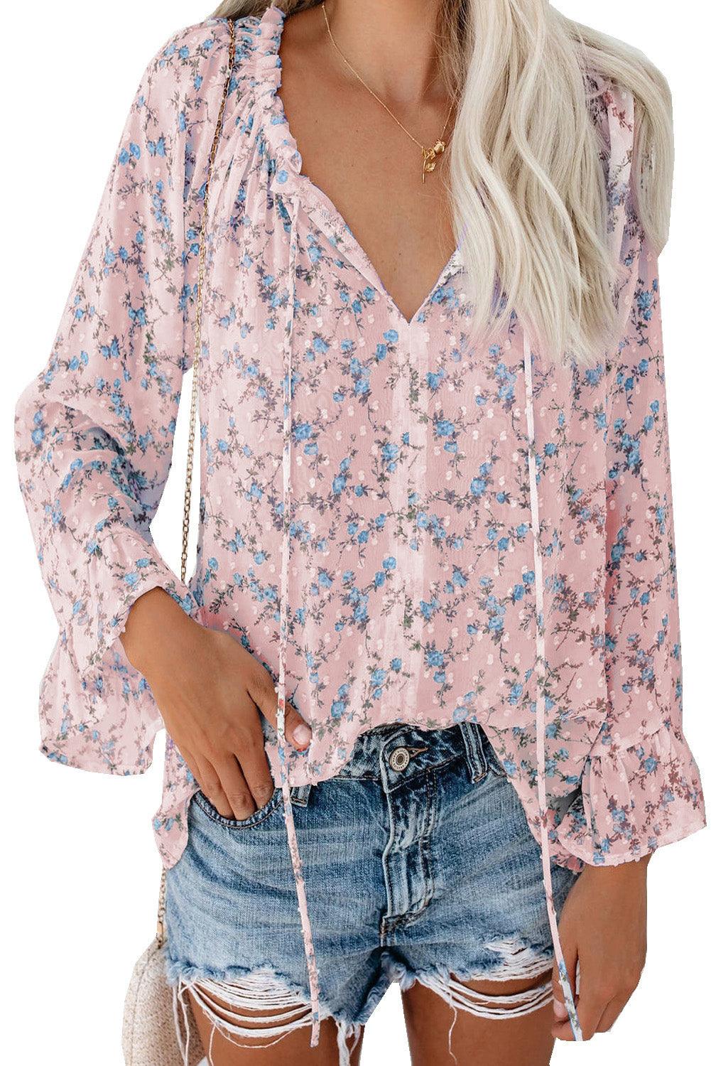 European And American High-end Women's V-neck Printed Top Lantern Sleeves Floral Chiffon Shirt - BUNNY BAZAR