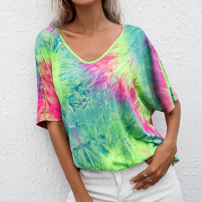 Casual Tie Dye Print Colorful Loose Round Neck Short Sleeve T-Shirt Women - BUNNY BAZAR