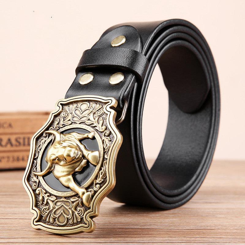 Cow Head Copper Buckle Belt Cowhide Smooth Buckle Belt - BUNNY BAZAR