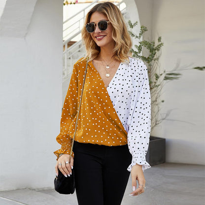 Women's Patchwork Polka Dot Long Sleeve Top Casual Shirt - BUNNY BAZAR