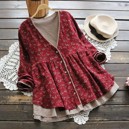 Small Floral V-neck Fake Two Long-sleeved Loose Large Size Blouses - BUNNY BAZAR