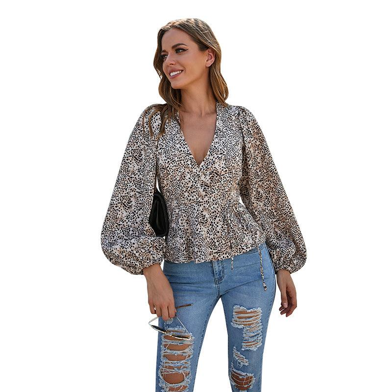 V-neck Lantern Sleeve Leopard Print Temperament Sexy Long-sleeved Top - BUNNY BAZAR