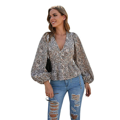 V-neck Lantern Sleeve Leopard Print Temperament Sexy Long-sleeved Top - BUNNY BAZAR