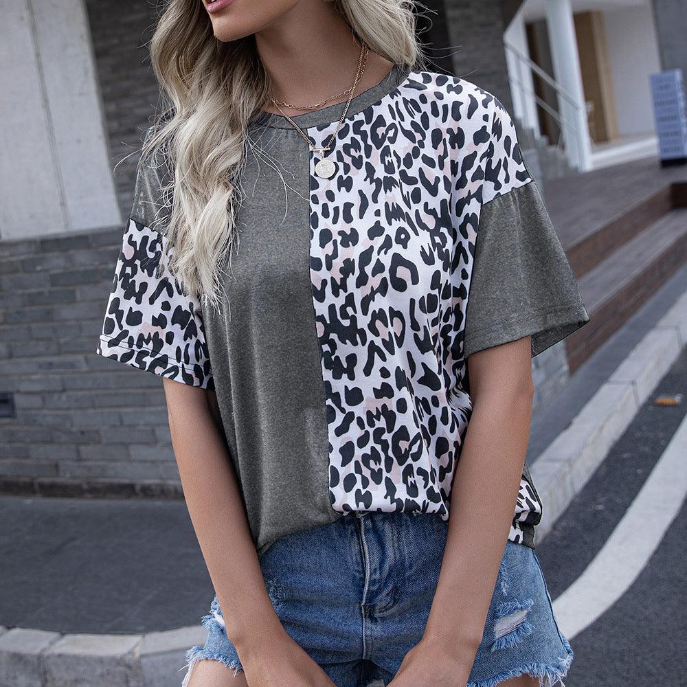 Leopard Print Stitching Crew Neck Short Sleeve T-shirt Women - BUNNY BAZAR