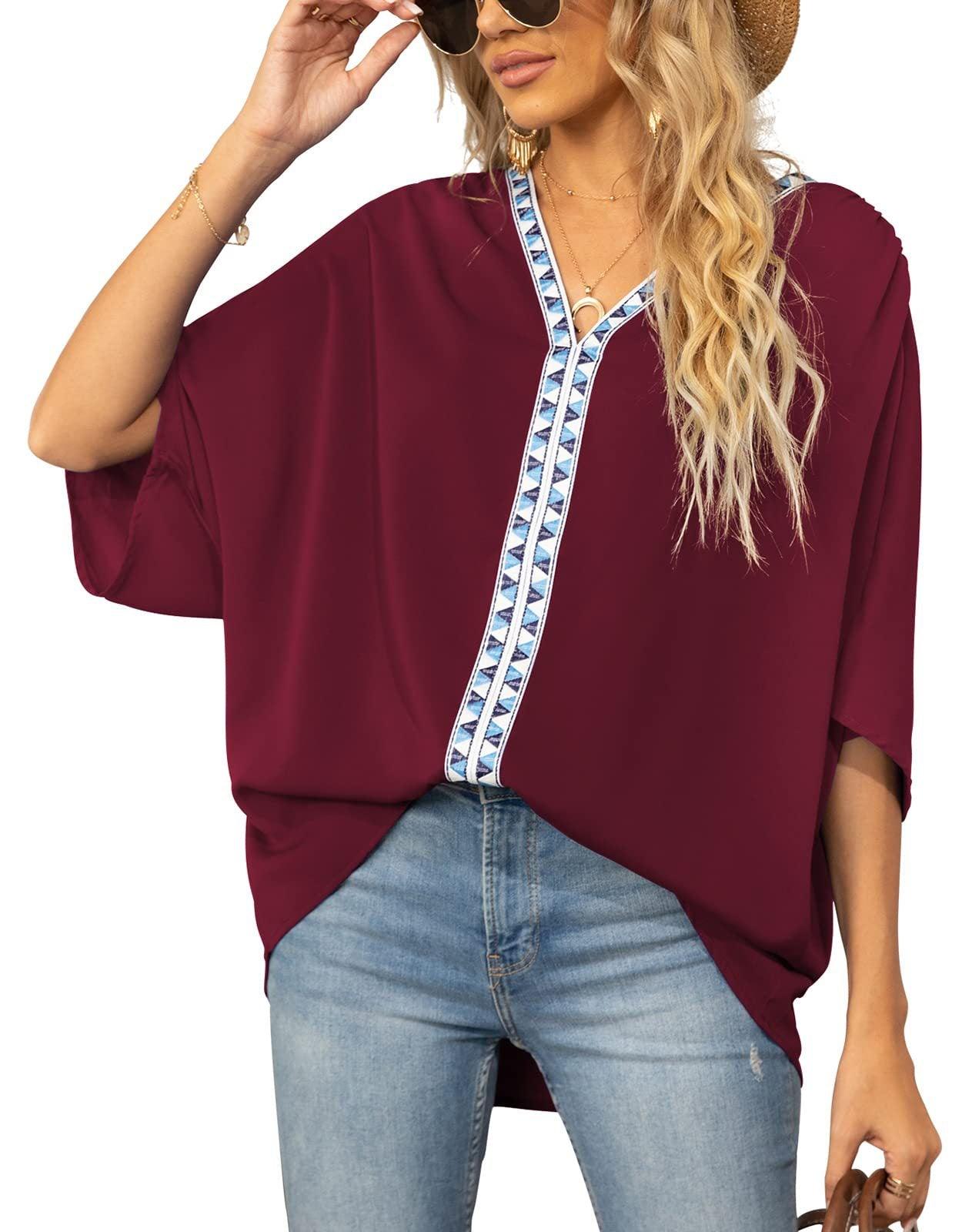 Summer Women's Bat Sleeve Chiffon V-neck Shirt - BUNNY BAZAR