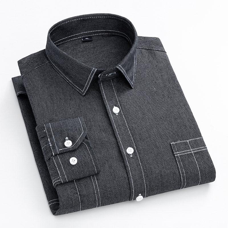 Men's Korean Casual Solid Color Slim Long-sleeved Denim Shirt - BUNNY BAZAR