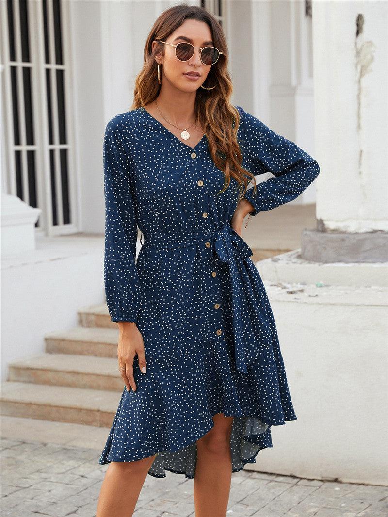 Polka Dot V-neck Long-sleeved Ruffled One-breasted Casual Dress - BUNNY BAZAR