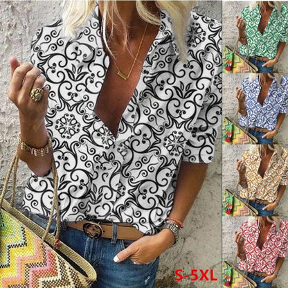 Printed Lapel Long Sleeve Casual Ladies Blouse To - BUNNY BAZAR