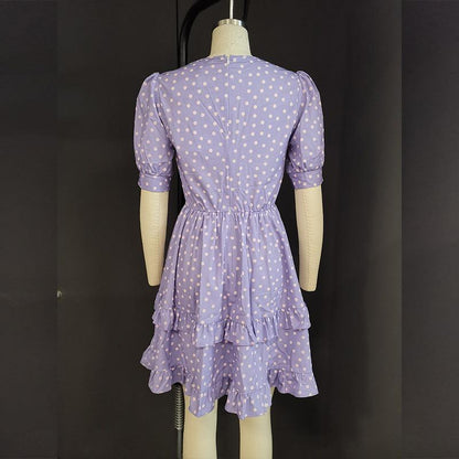 Short Sleeve Polka Dot Print Ruffle Dress Women - BUNNY BAZAR