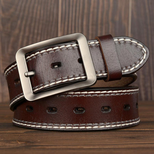 Two-Line Real Cowhide Men's Belt With Japanese Buckle - BUNNY BAZAR