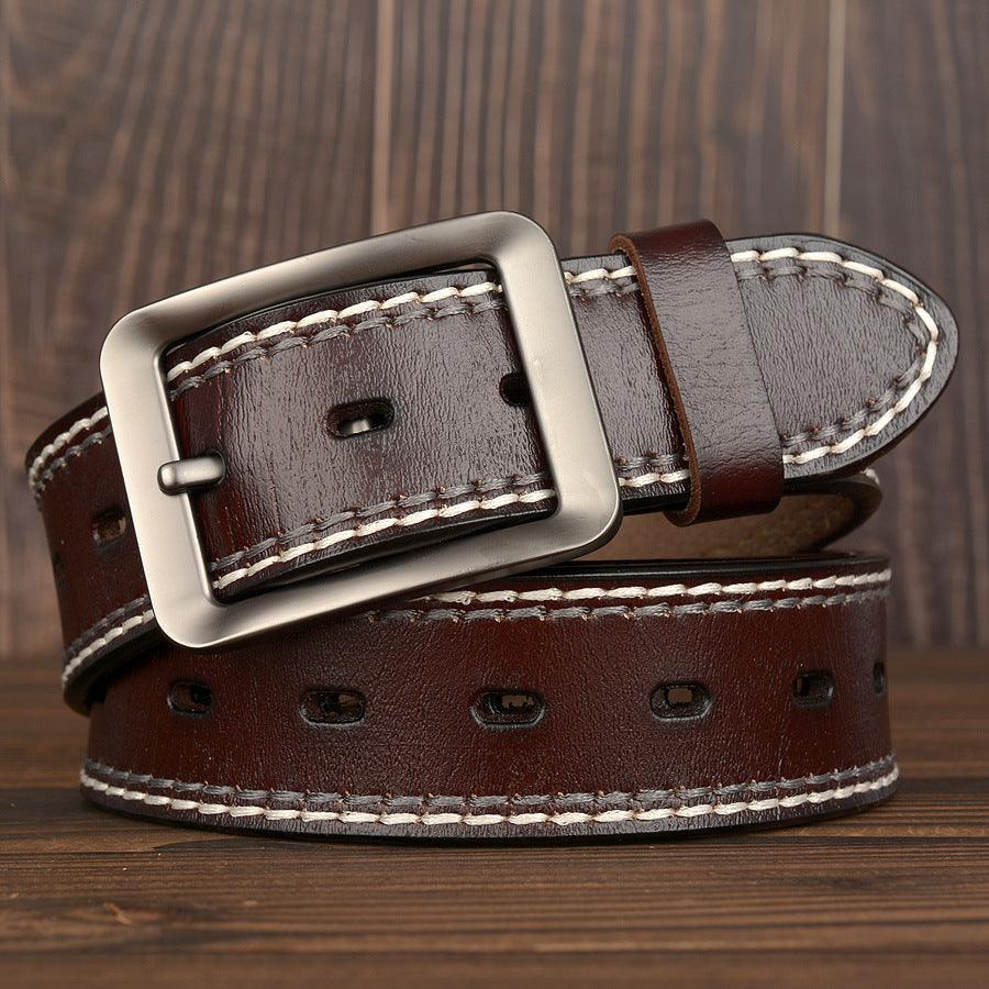 Two-Line Real Cowhide Men's Belt With Japanese Buckle - BUNNY BAZAR