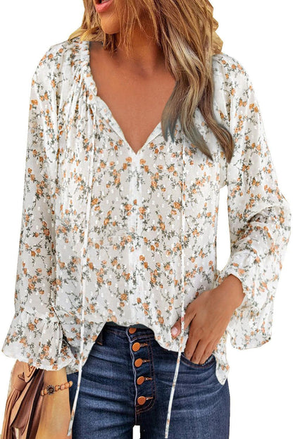 European And American High-end Women's V-neck Printed Top Lantern Sleeves Floral Chiffon Shirt - BUNNY BAZAR