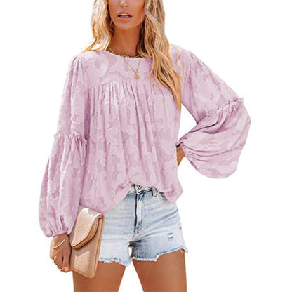 Chiffon Jacquard Floral Texture Lantern Sleeve Shirt - BUNNY BAZAR