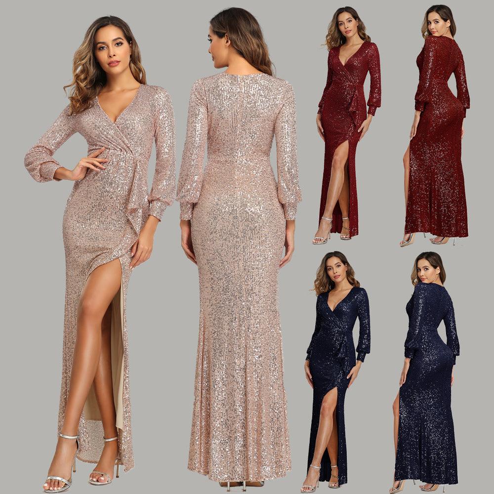 Fantasy Celebrity Sexy High Slit Long Sleeve Sequined Banquet Evening Dress Women - BUNNY BAZAR