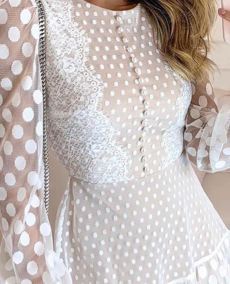 Polka dot stitching lace long sleeve dress - BUNNY BAZAR