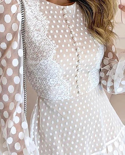 Polka dot stitching lace long sleeve dress - BUNNY BAZAR