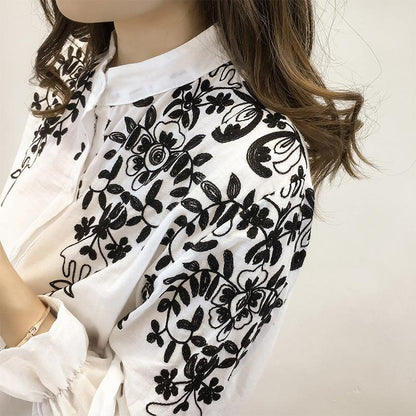 Loose Embroidered Flower Stand-up Collar Base Shirt - BUNNY BAZAR