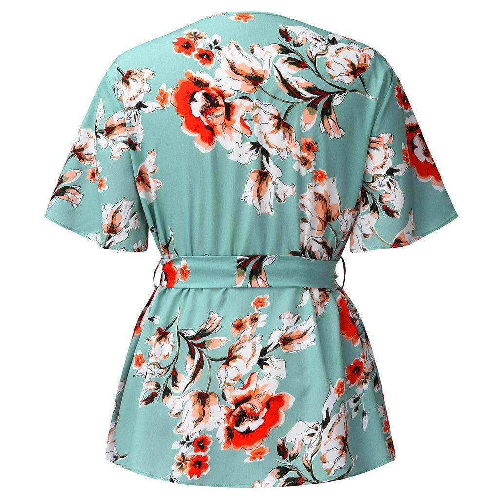 Women's Plus Size V-neck Short-sleeved Printed Waist-tied Loose Chiffon Top - BUNNY BAZAR