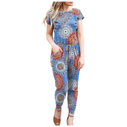 Women's Short Sleeve Printed Stretch Jumpsuit Women - BUNNY BAZAR