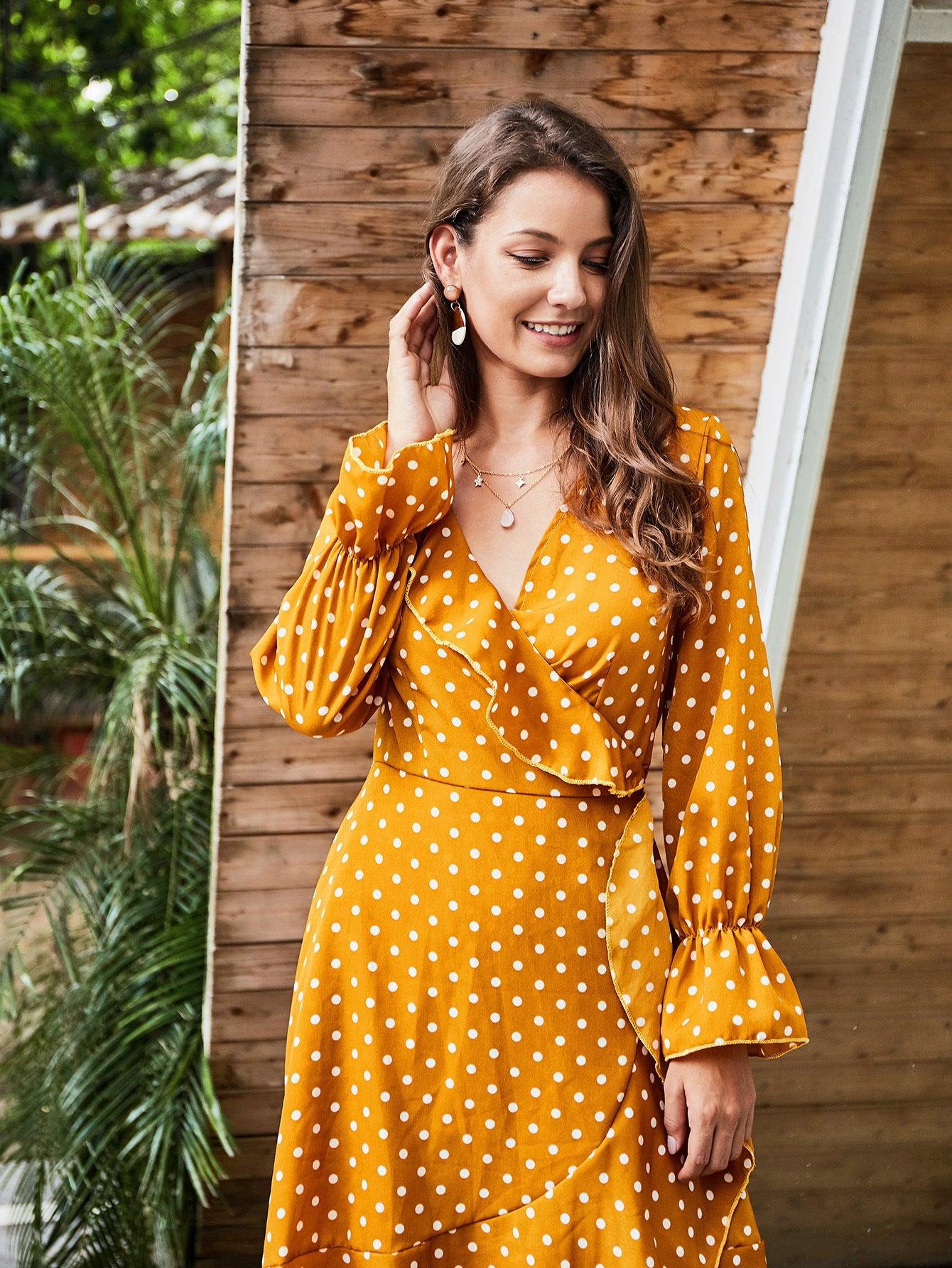 Yellow Polka Dot Long Sleeve Lace Dress - BUNNY BAZAR