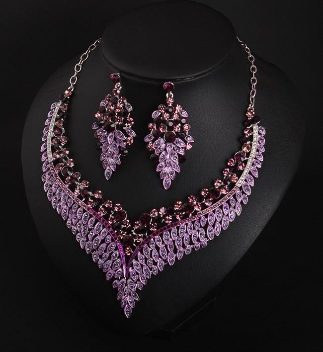 Full Rhinestone Color Clavicle Necklace Earrings Set Dress - BUNNY BAZAR