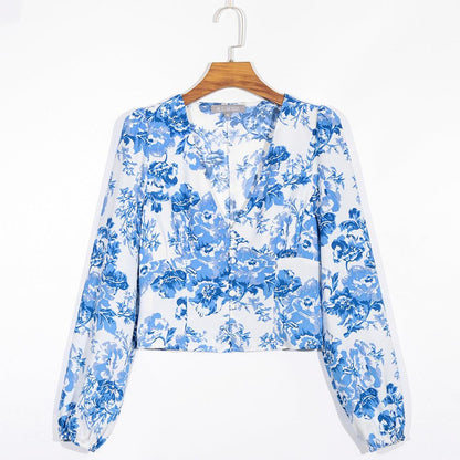 Summer Vacation V-Neck Blue And White Porcelain Print Shirt - BUNNY BAZAR