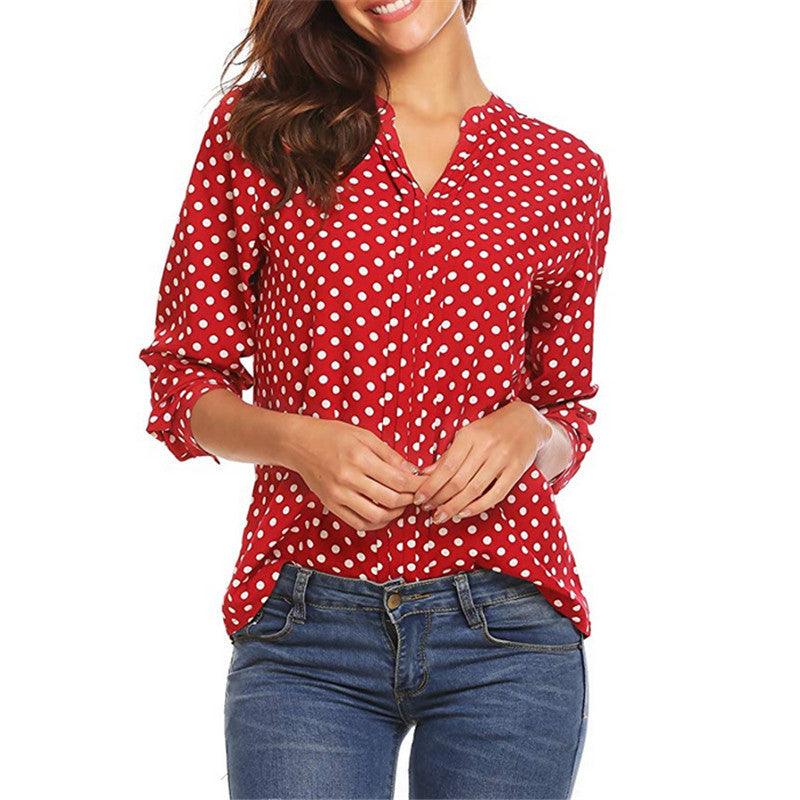 Women's Polka Dot Printed V-neck Long Sleeve Loose Shirt - BUNNY BAZAR