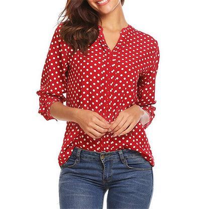 Women's Polka Dot Printed V-neck Long Sleeve Loose Shirt - BUNNY BAZAR