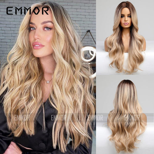 Daily Headgear Mid-point Gradient Golden Big Wave Long Curly Hair European And American Wig Women - BUNNY BAZAR